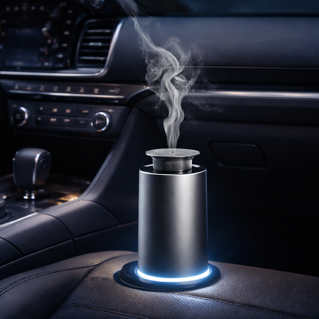 Car humidifier emitting steam inside a vehicle